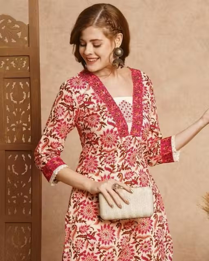 V-Neck Floral Printed Single Kurta Only