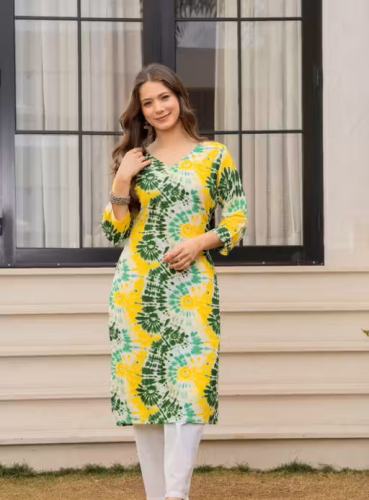 Women Yellow Tie Dye Printed Straight Kurti