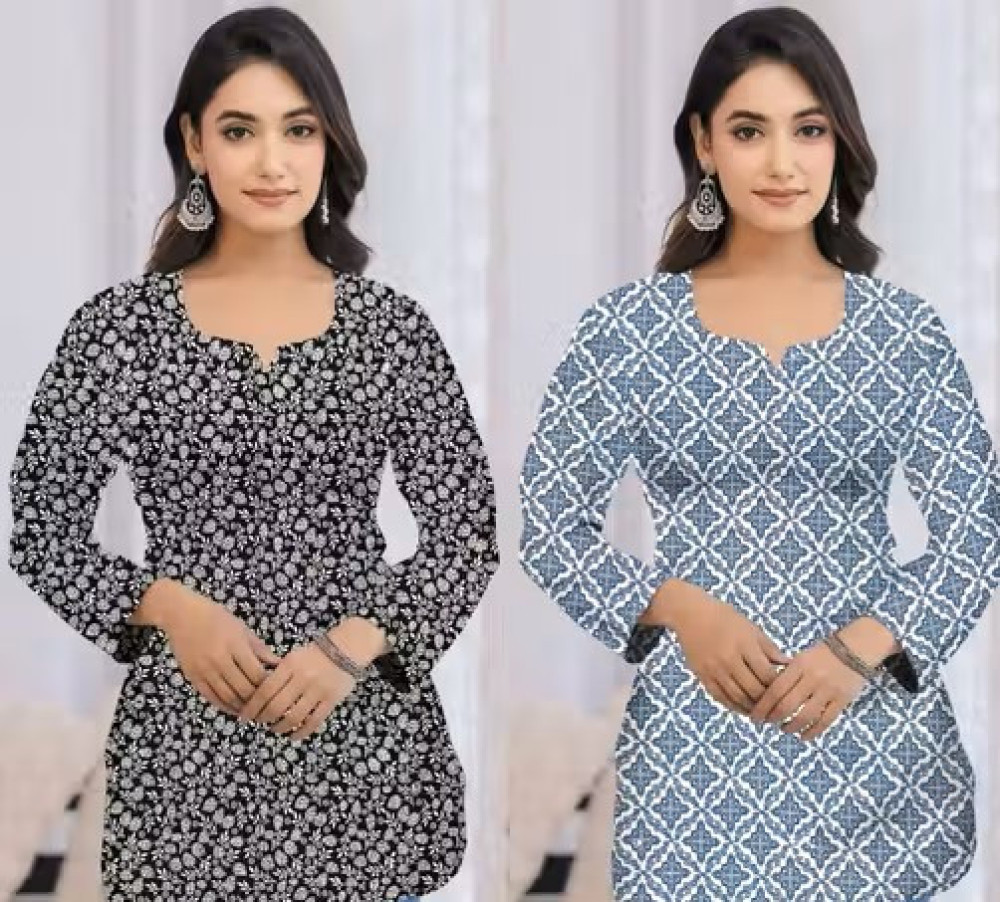 Pack of 2 Women's Kurti Elegant White Diamond Black Flower