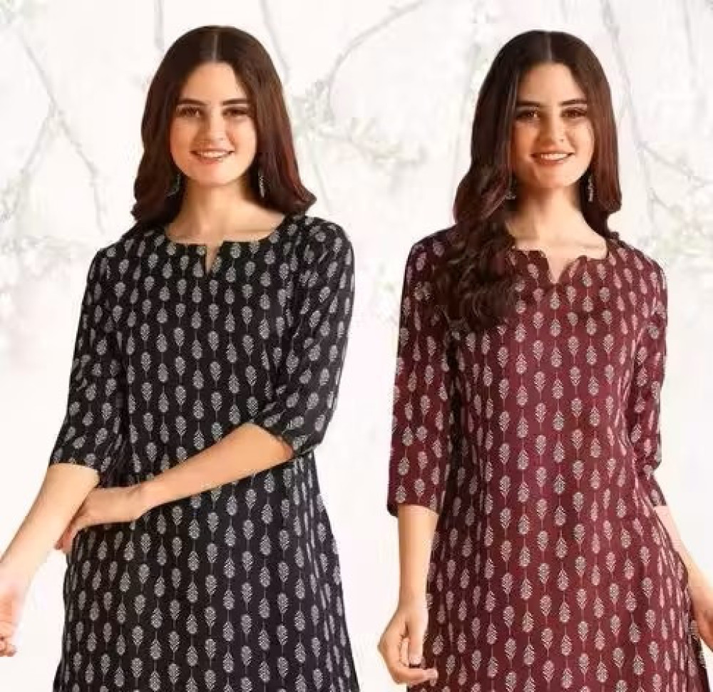 Floral Print V‑Neck Short Kurti Tunic Pack of 2