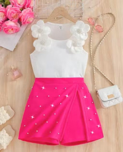 Baby Girls 2pcs White Floral Tank Top & Fuchsia Shorts Set
