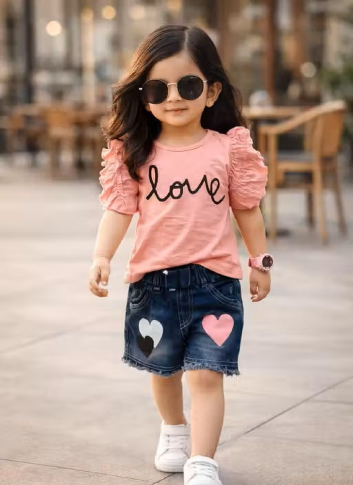 Peach Love Ruffle Sleeve Top & Denim Shorts Set