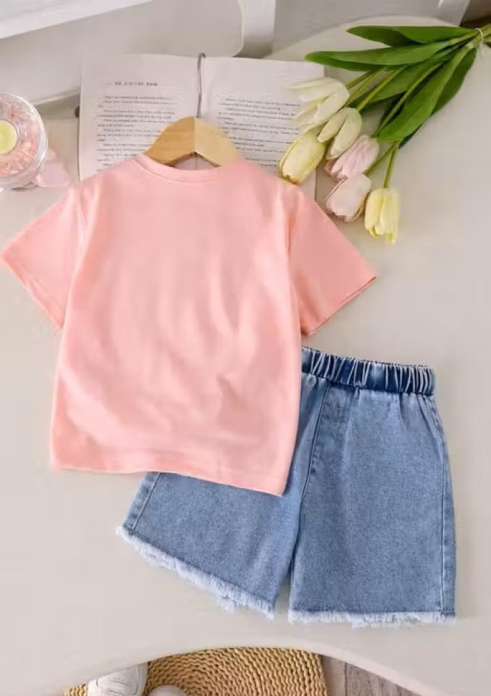 Girls Pink Bow Top & Denim Shorts Set