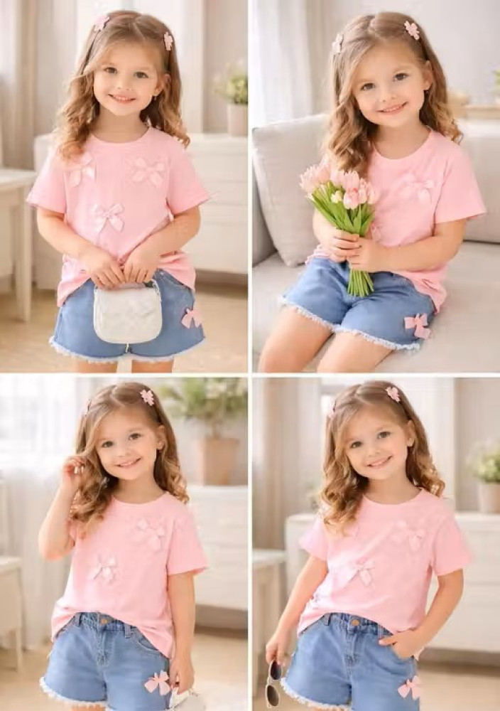 Girls Pink Bow Top & Denim Shorts Set