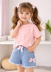 Girls Pink Bow Top & Denim Shorts Set