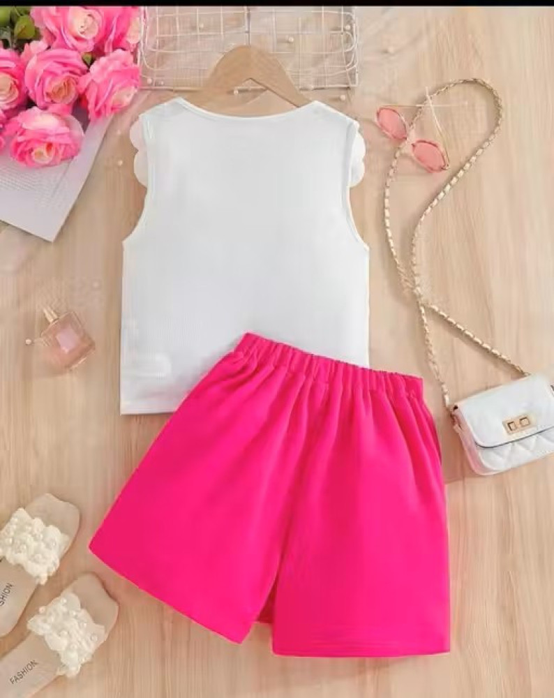 Baby Girls 2pcs White Floral Tank Top & Fuchsia Shorts Set