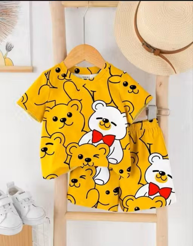 Kids Yellow Teddy Bear Print T-Shirt & Shorts Set