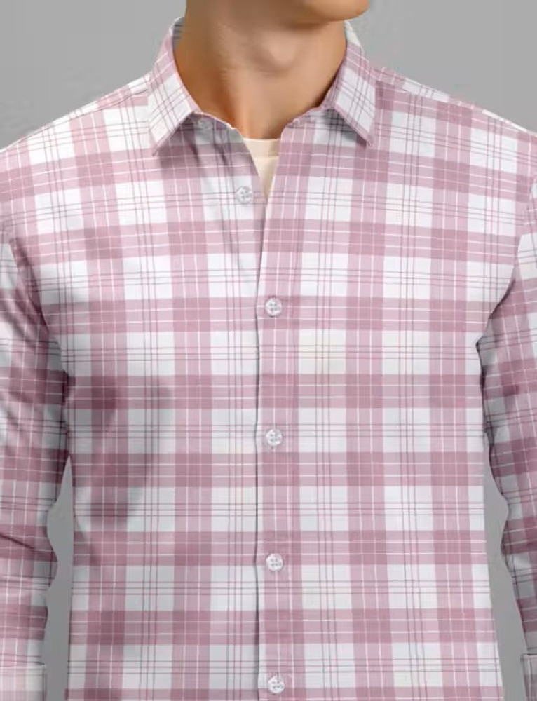 Mens Pink White Checked Casual Cotton Shirt