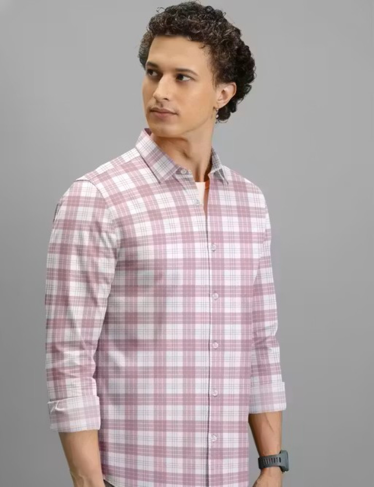 Mens Pink White Checked Casual Cotton Shirt