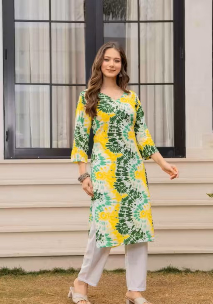 Women Yellow Tie Dye Printed Straight Kurti