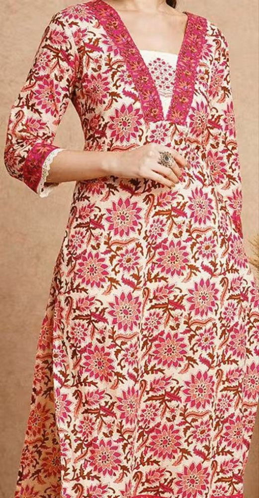 V-Neck Floral Printed Single Kurta Only