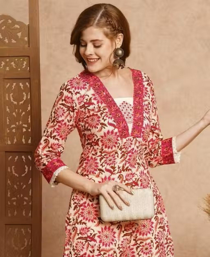 V-Neck Floral Printed Single Kurta Only
