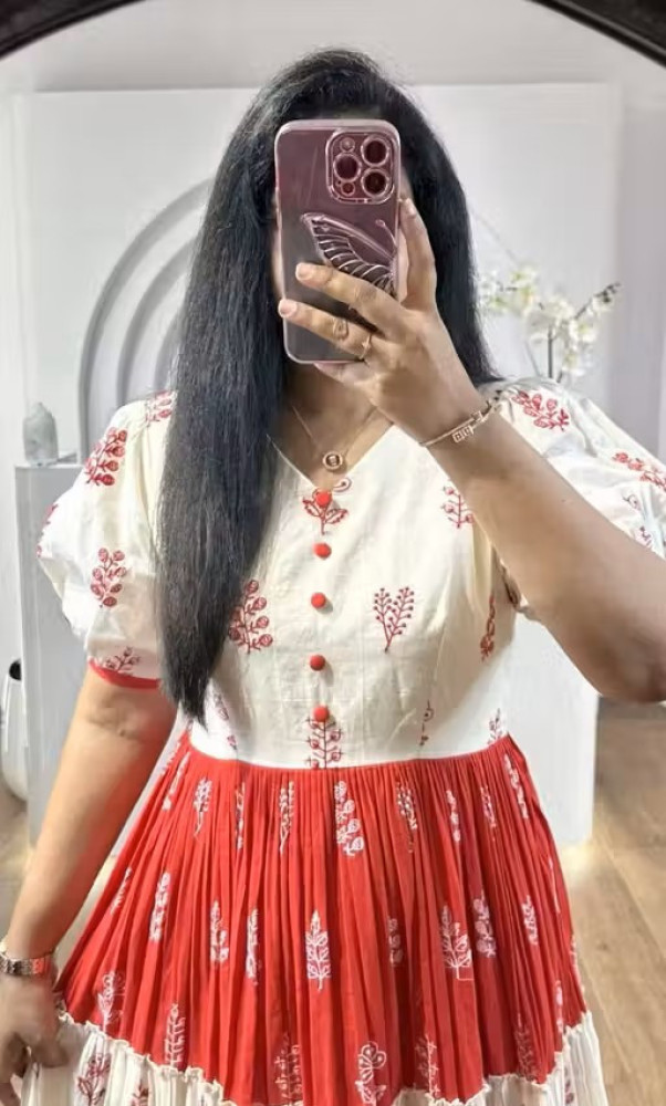 Womens Floral Printed Red White Tiered Cotton Anarkali Midi Dress