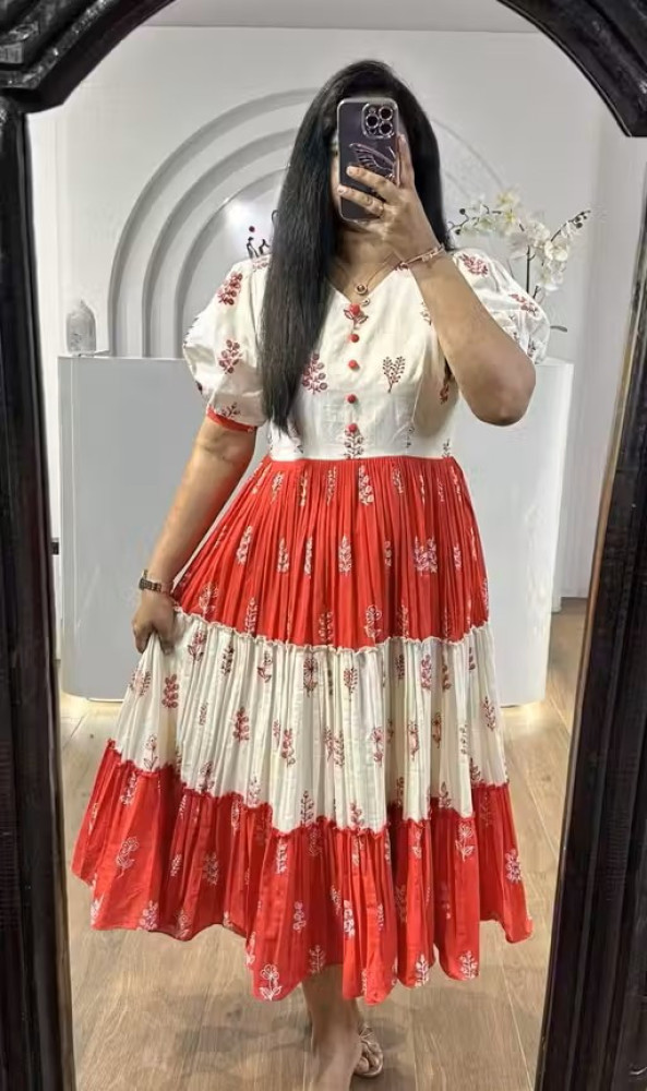 Womens Floral Printed Red White Tiered Cotton Anarkali Midi Dress